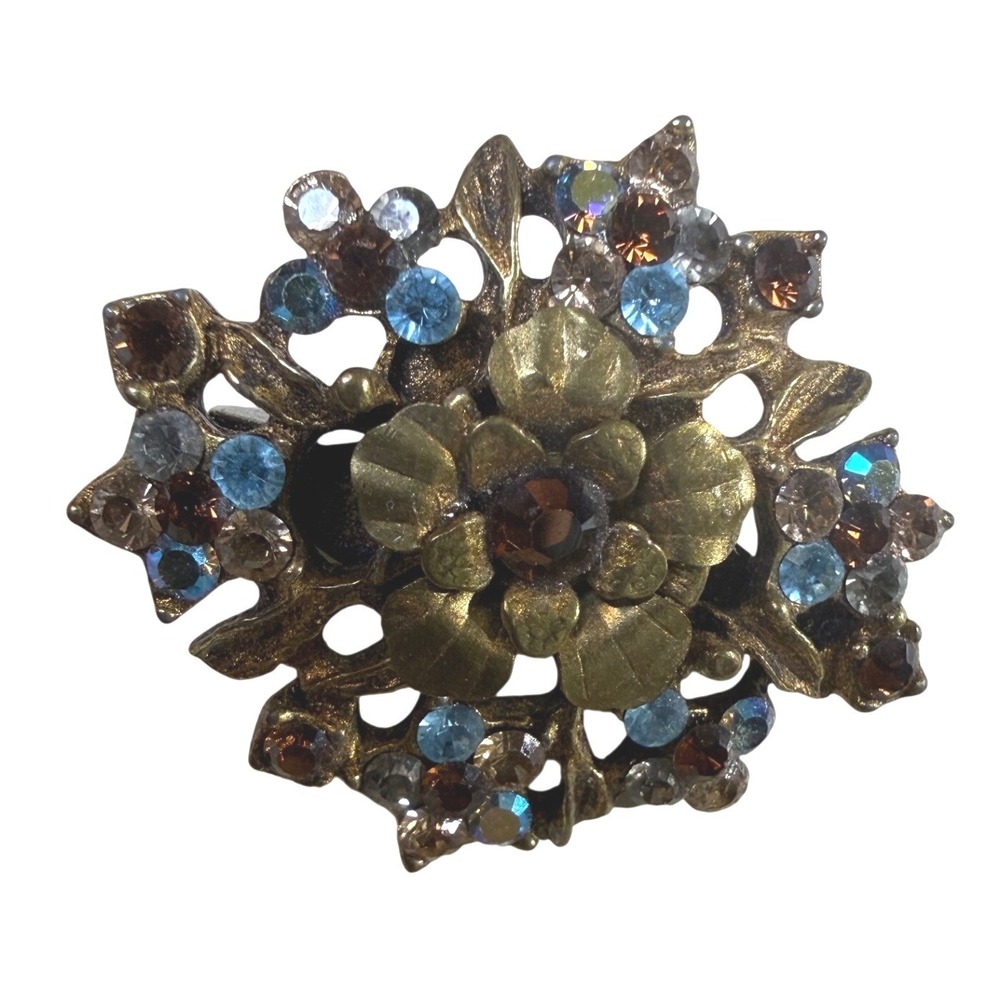 Michal Negrin Crystal Flower Brooch Blue Brown Brass Tone Floral Pin